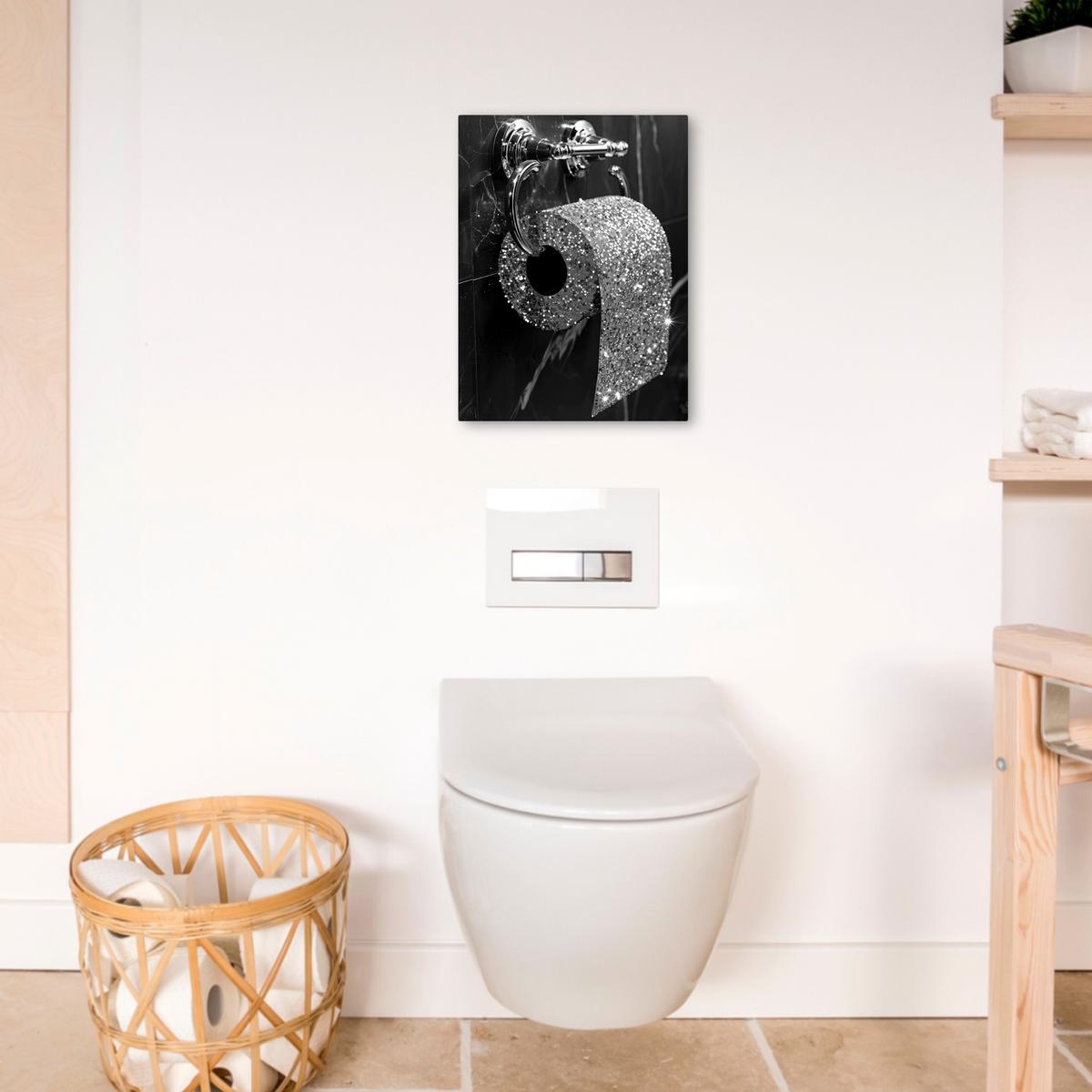 LEINWANDBILD WC - Toilettenpapier - Schwarz und weiß - Glitter Room Decor 30x40 cm - Silberfarben, Textil (30/40cm) - MuchoWow