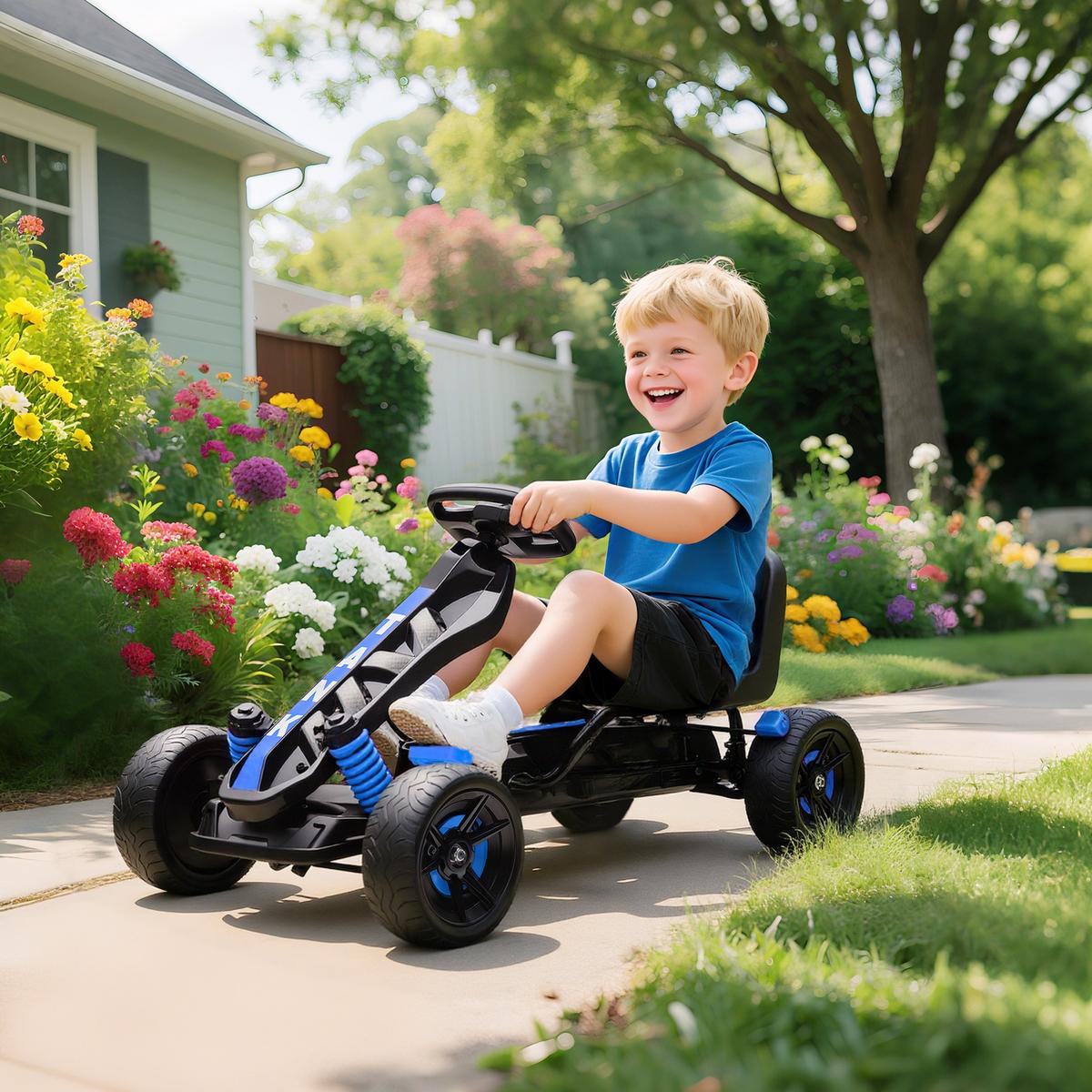 GOKART-TRETAUTO Tretauto mit Handbremse, Automatisches Kupplungssystem, EVA-Räder - Blau, Metall (100/59/60.5cm) - AIYAPLAY