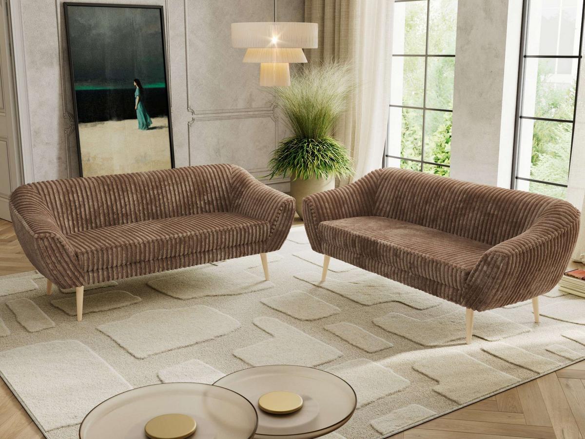 SITZGARNITUR PIRS 3+3 - Braun Cord - Holzbeine - Buchefarben/Braun, Holzwerkstoff/Textil (180/75/74cm) - MKS