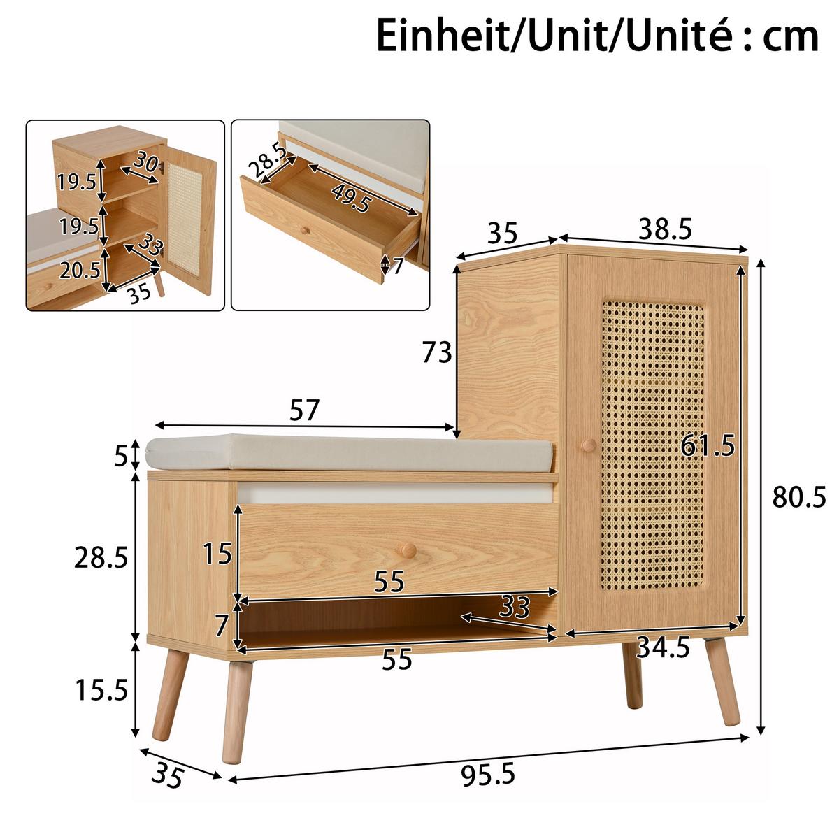 SCHUHSCHRANK in Holz-Optik – Schuhschrank mit Rattan-Tür & Sitzkissen - Naturfarben, Holzwerkstoff (95.5/80.5/35cm) - Urban Meuble
