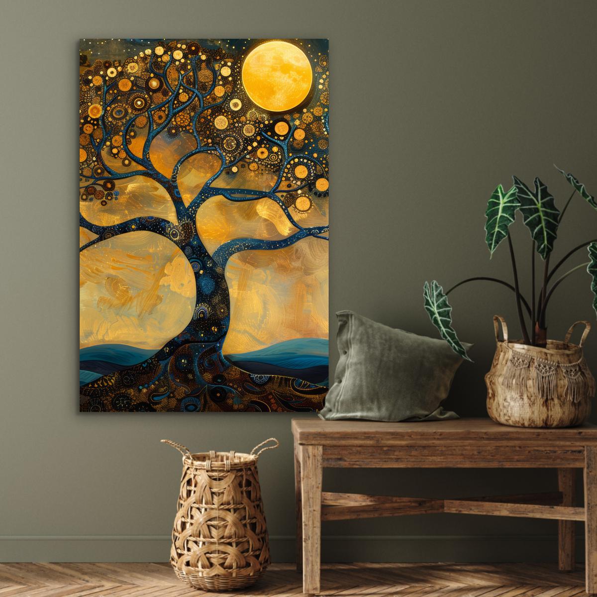 METALLBILD Baum - Mond - Blumen - Gold - Kunst 80x120 cm - Orange, Metall (80/120cm) - MuchoWow