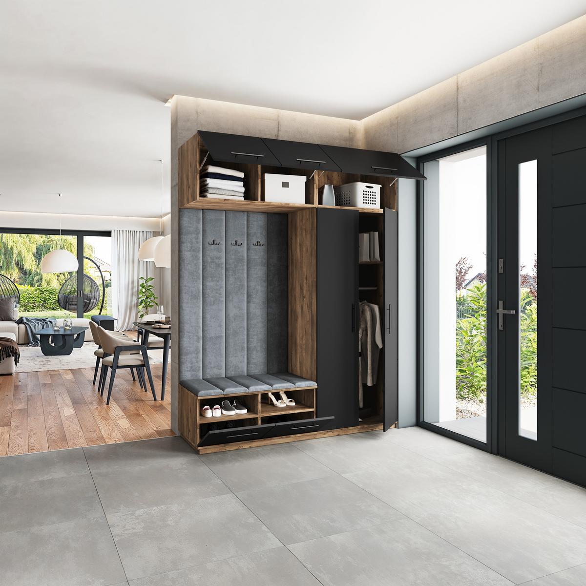 GARDEROBENSCHRANK REMA 180/240/60 cm Modern Garderobe-Set Eiche Lefkas - Eichefarben/Schwarz, Holzwerkstoff (180/240/60cm) - MASSENO