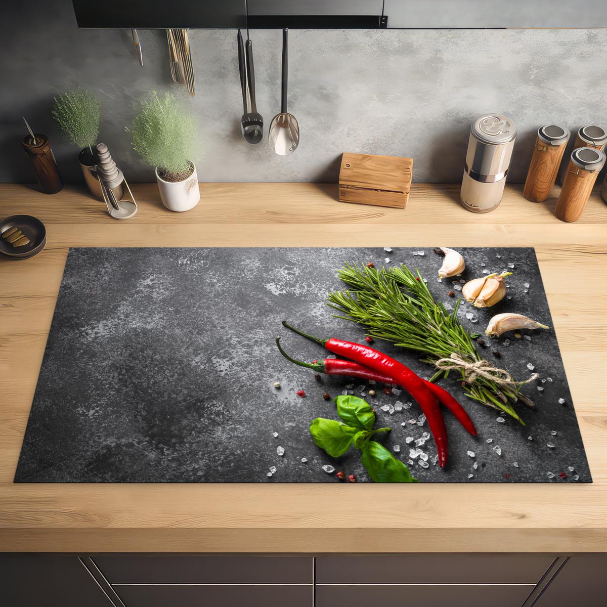 HERDABDECKPLATTE Pfeffer - Kräuter - Gewürze - Beton Ceranfeldabdeckung 90x52 cm - Rot, Kunststoff (90/52/0.2cm) - MuchoWow