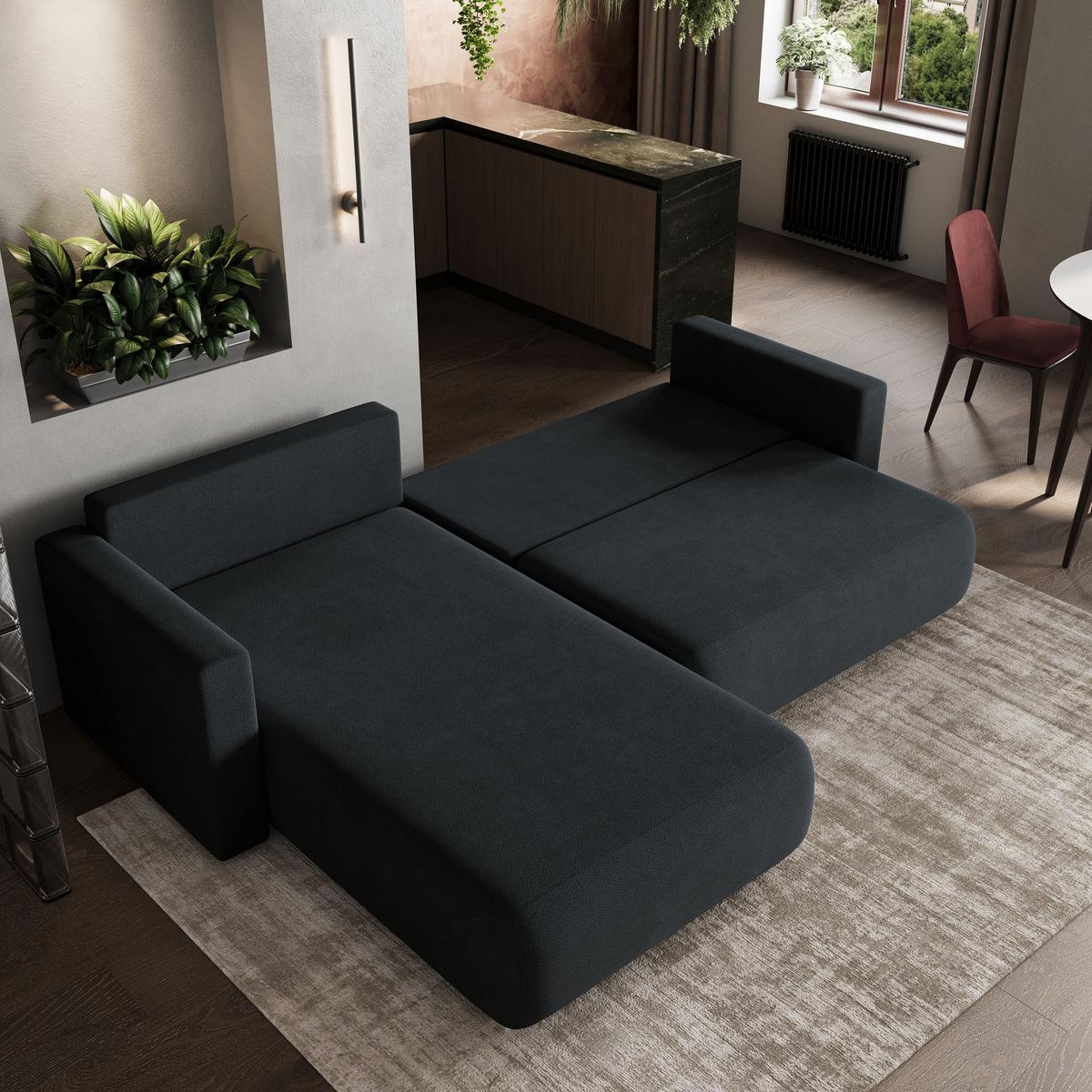 ECKSOFA TURIN Schwarz Geflochtener Stoff mit Schlaffunktion - Schwarz, Holz (265/183cm) - MASSENO