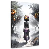 LEINWANDBILD Frau mit Früchten auf dem Kopf 80x120cm - Schwarz, Textil (80/120cm) - Feeby
