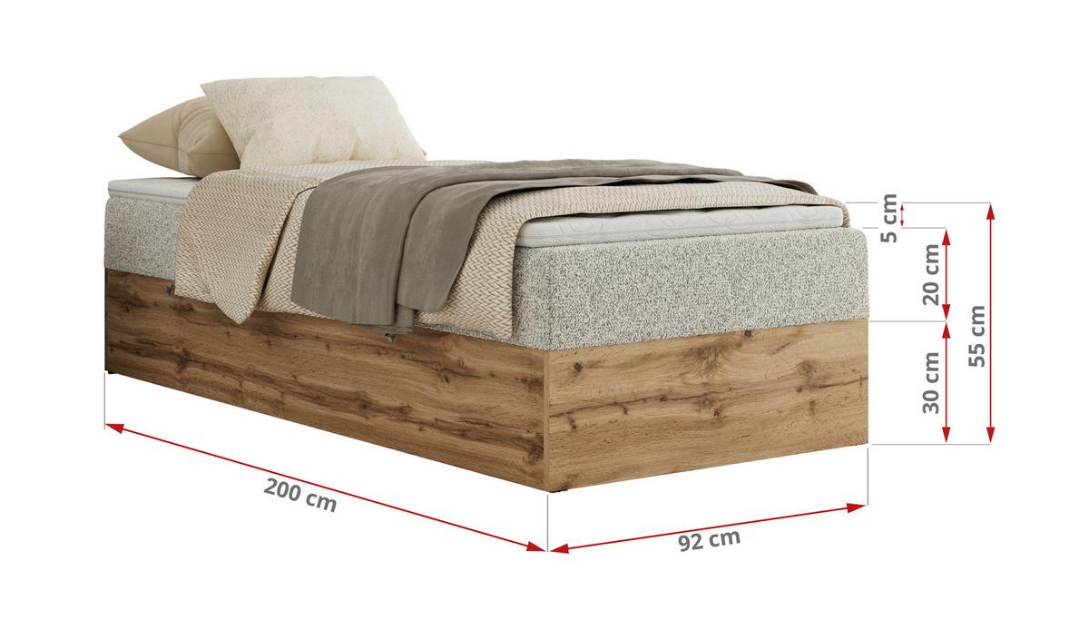 BOXBETT WOOD ZERO 90/200 - Hellgrau Struktur - H3 - Topper Visco - Hellgrau, Textil (90/200cm) - MKS
