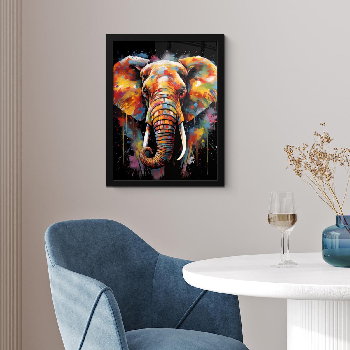 POSTER MIT RAHMEN Elefant - Graffiti - Schwarz - Tiere - Farben Bilderrahmen 30x40 cm - Schwarz, Papier (30/40cm) - MuchoWow