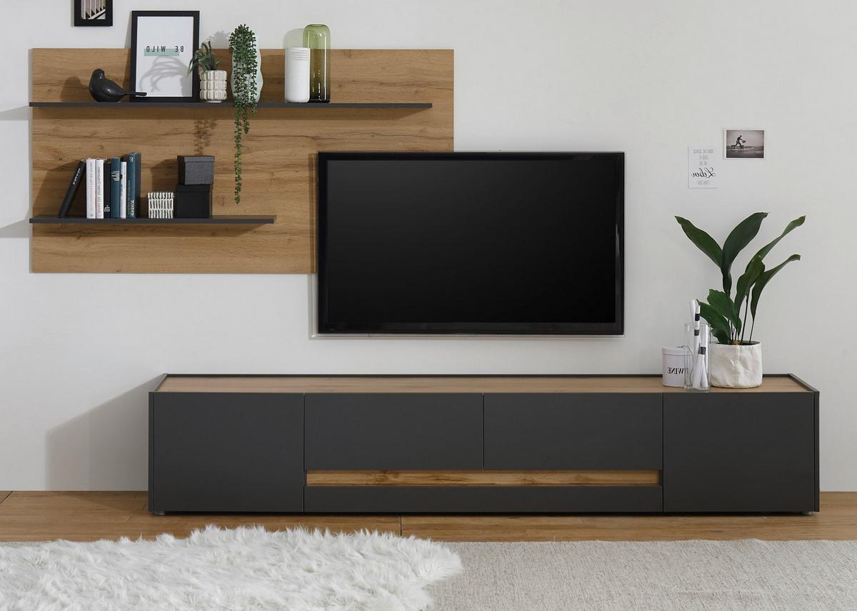WOHNWAND 2-teilig grau matt, Eiche Wotan 300 cm, Wohnkombination mit XXL Lowboard - Eiche Wotan/Grau, Holz/Holzwerkstoff (300/180/45cm) - Furn.Design