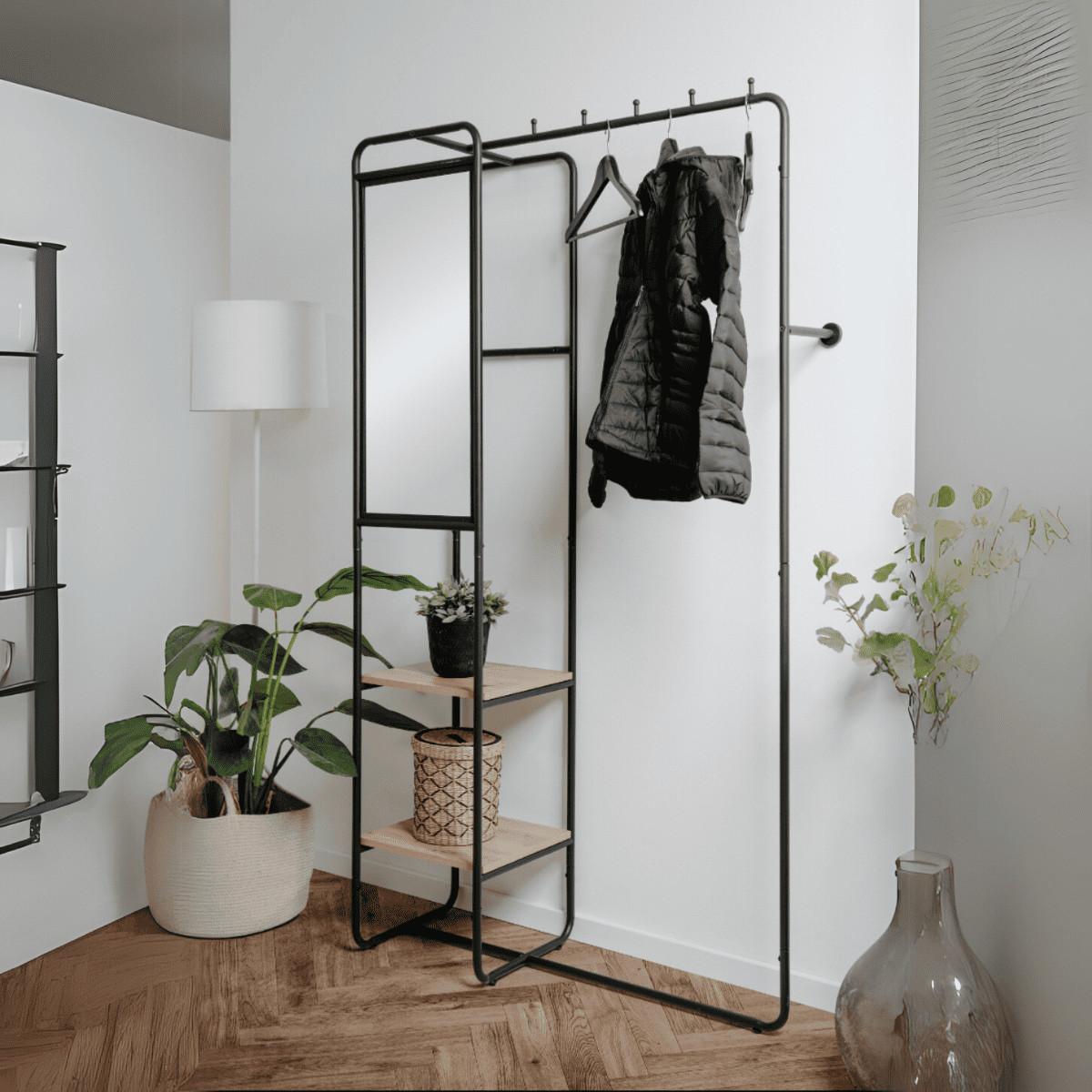 GARDEROBE aus lackiertem metall mit 6 haken, 2 regalen und 1 spiegel - luton 100/37/185 cm - Schwarz, Holzwerkstoff (37/185/43cm) - Calicosy