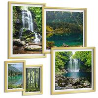 BILDER SET 5er Set - 50x50 cm & 20x30 cm & 40x60 cm Goldrahmen - Grüne Landschaften, Wasserfälle - Goldfarben, Kunststoff (40/60cm) - TULUP