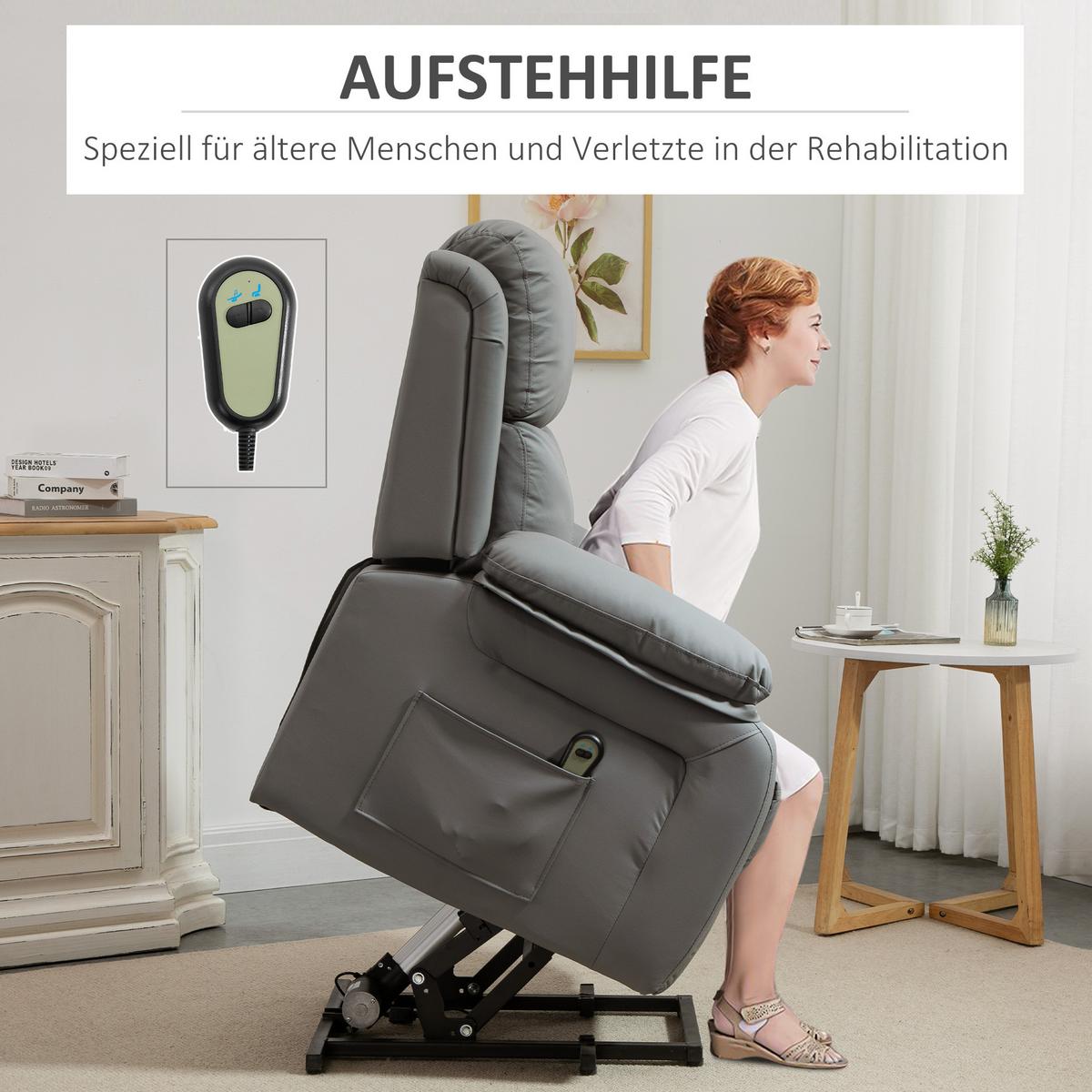 FERNSEHSESSEL mit Aufstehhilfe, Liegefunktion, Fernbedienung für Wohnzimmer Grau - Schwarz/Grau, Textil/Metall (76/105/90cm) - HOMCOM