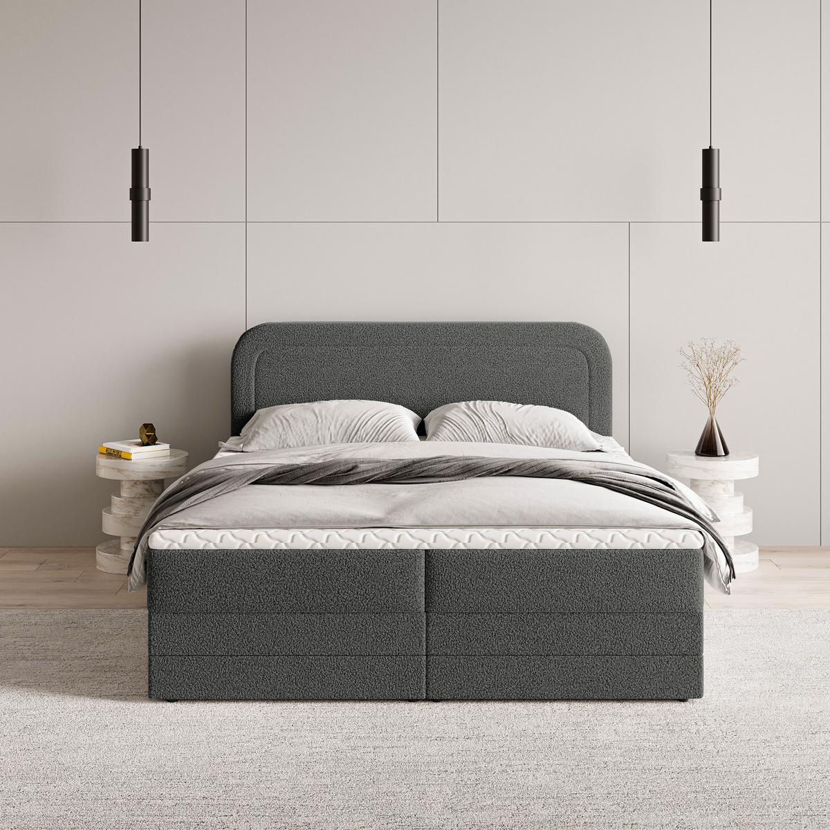 BOXBETT ARMEL 160x200 cm mit Matratze und Topper - Grau - Grau, Holz (160/200cm) - MASSENO