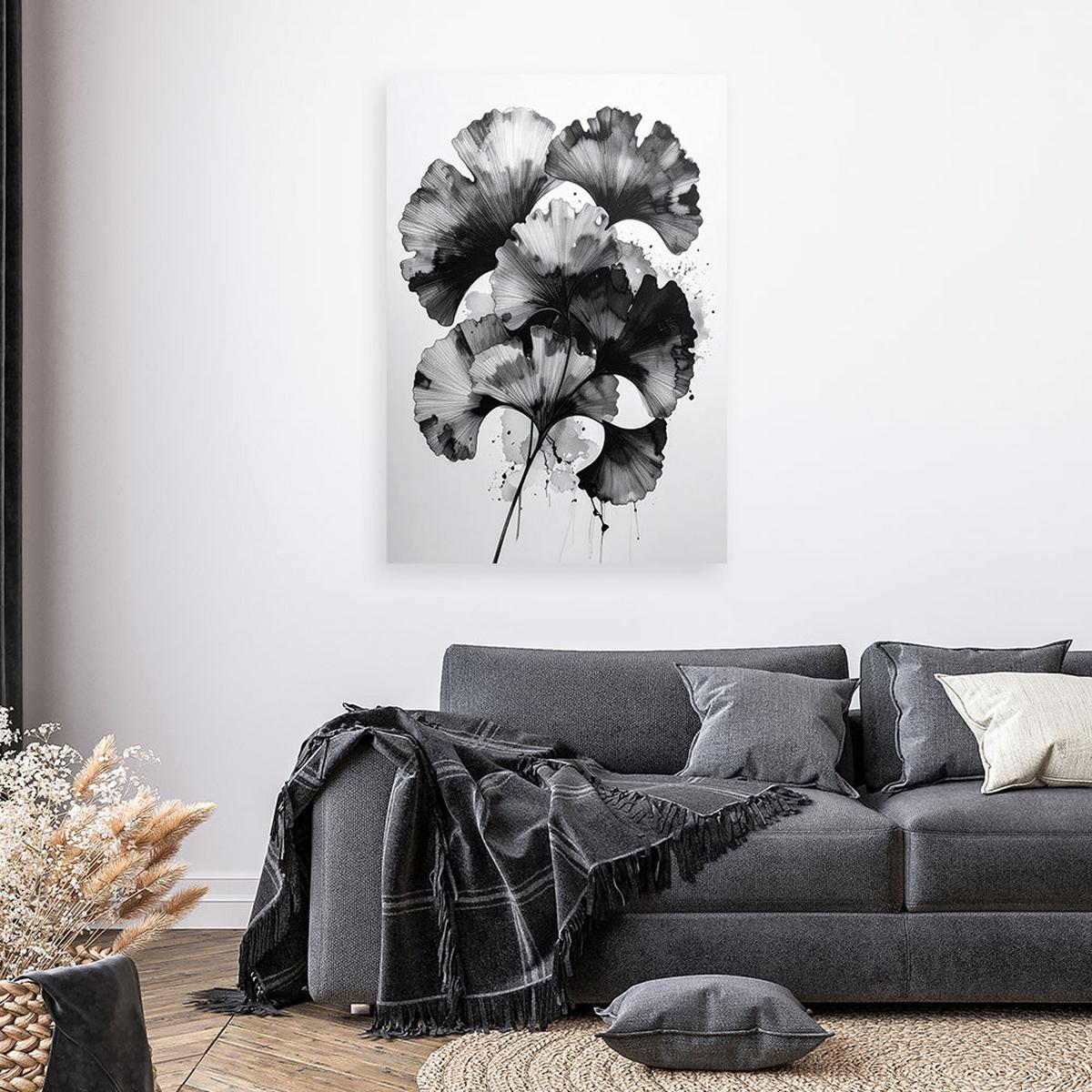 LEINWANDBILD Ginkgo Blätter Schwarz-Weiß 40x60cm - Schwarz, Textil (40/60cm) - Feeby