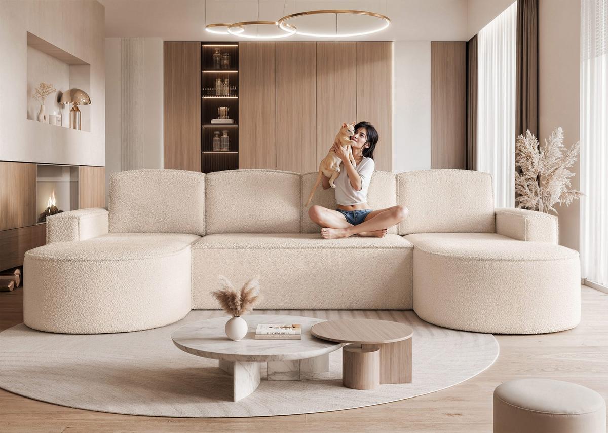 WOHNLANDSCHAFT U-Form mit Schlaffunktion, Beige - Sandfarben, Textil (316/88/157cm) - Idohome