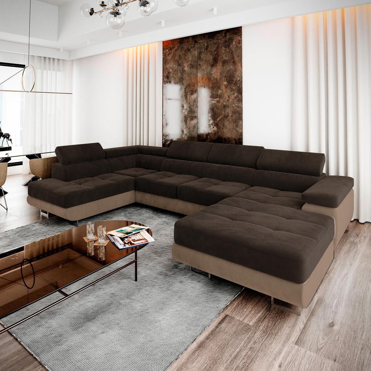 WOHNLANDSCHAFT CASONE L-S Braun Velours-Stoff mit Schlaffunktion - Silberfarben/Braun, Holz/Textil (345/90/202cm) - MASSENO