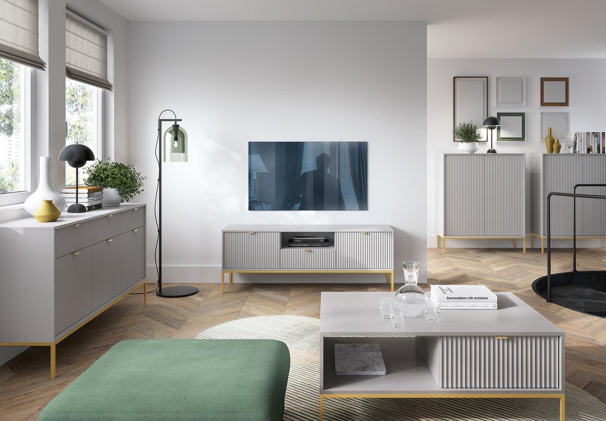 LOWBOARD Eternas 2T 1S Grau 154/56/39 cm – goldene Füße, mit geriffelten Fronten und offener Ablage - Goldfarben/Grau, Holzwerkstoff (154/56/39cm) - AX Living