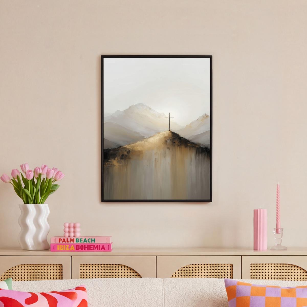 LEINWAND Bilder mit Rahmen - Hügel - Abstrakt - Kreuz - Christentum - 50x70 - Beige, Textil (50/70cm) - MuchoWow