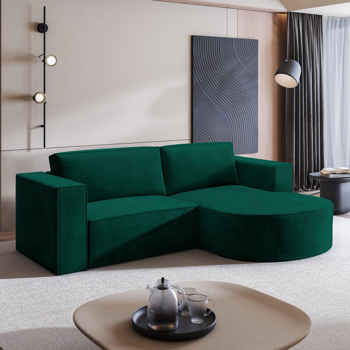 ECKSOFA SORELA M R-S Grün Velours-Stoff mit Schlaffunktion - Grün, Holz (263/174cm) - MASSENO