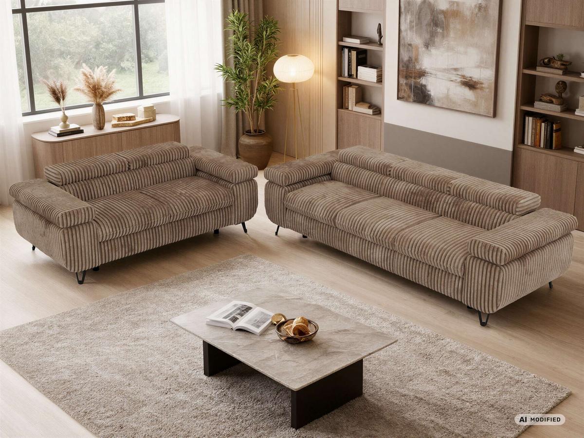 SITZGARNITUR PETER 2+3 - Braun Cord - Schwarz/Braun, Textil/Metall (262/76/99cm) - MKS
