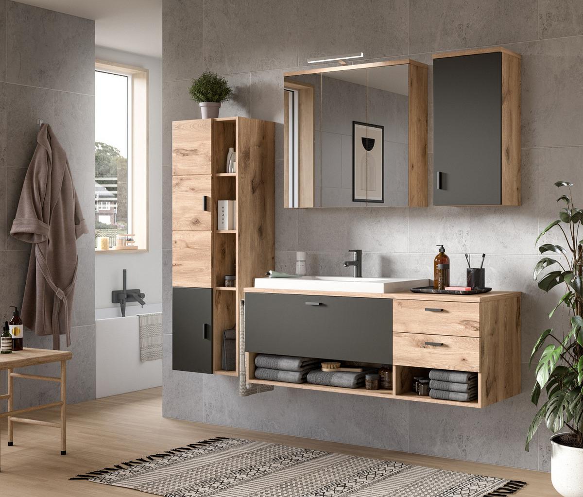 WASCHTISCH Eiche, grau matt 138 cm, Waschbeckenunterschrank mit Waschbecken - Eichefarben/Grau, Holzwerkstoff/Kunststoff (140/50/48cm) - Inn.Furn