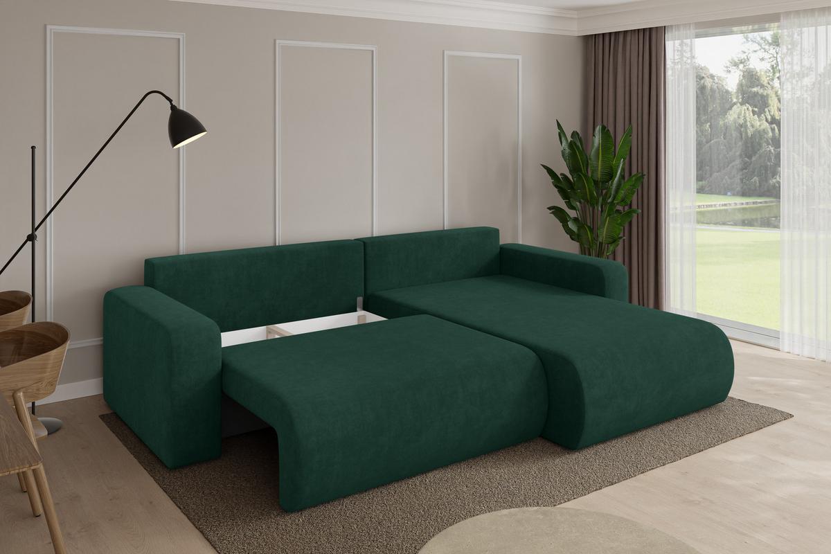 ECKSOFA mit Schlaffunktion Ottomane Rechts BERY-L 276x193x88 Grün Velours - Schwarz/Grün, Holzwerkstoff/Kunststoff (276/193cm) - ALTDECOR