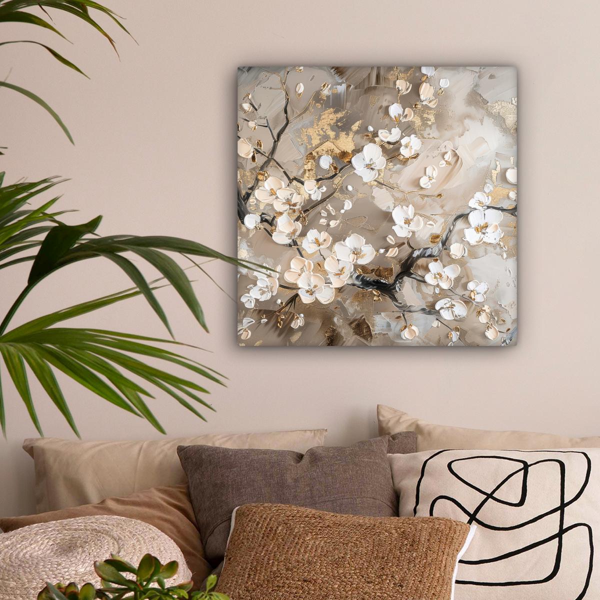 LEINWANDBILD Blumen - Weiß - Gold - Beige - Luxus Wandbild Wohnzimmer 50x50 cm - Greige, Textil (50/50cm) - MuchoWow