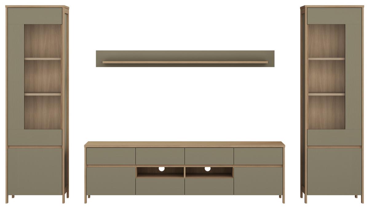 WOHNWAND Salbei grün, Eiche, Wohnkombination skandinavisch 4-teilig 339 cm, Soft-Close - Salbeigrün/Eichefarben, Glas/Holzwerkstoff (339/195/39cm) - Furn.Design