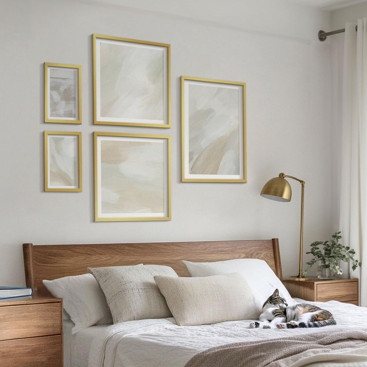BILDER SET 5er Set - 50x50 cm & 20x30 cm & 40x60 cm Goldrahmen - Abstrakte Pinselmalerei auf Leinwand - Goldfarben, Kunststoff (40/60cm) - TULUP