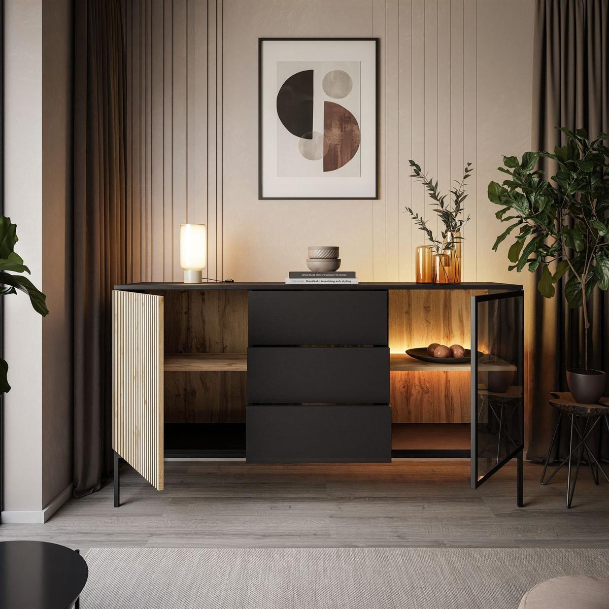 SIDEBOARD ECLIPSE KSZ154 mit Schubladen und Beleuchtung,Schwarz Eiche Wotan - Eiche Wotan, Holzwerkstoff (154/83/39cm) - Lookway