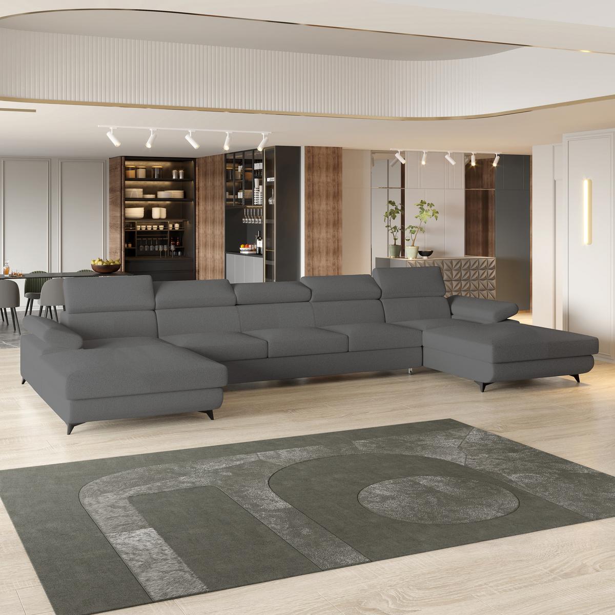 WOHNLANDSCHAFT VIVENTE Grau Boucle-Stoff mit Schlaffunktion - Grau, Holz (410/89/190cm) - MASSENO