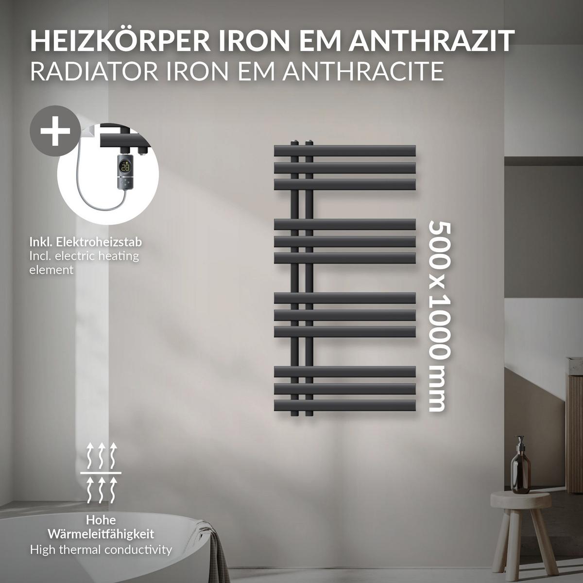 BADHEIZKÖRPER elektrisch Iron EM 500x1000 mm Anthrazit mit Heizstab 300W Digital - Anthrazit, Metall (50/100/3cm) - LuxeBath
