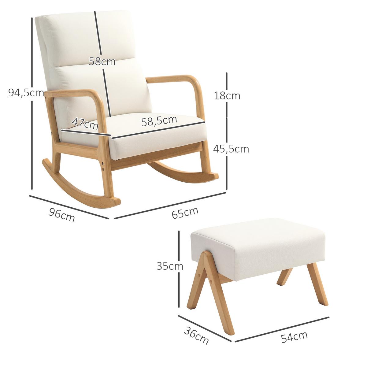 SCHAUKELSTUHL mit Hocker, weiche Polsterung, Leinenoptik, Holzrahmen, Cremeweiß - Weiß, Textil (65/94.5/96cm) - HOMCOM