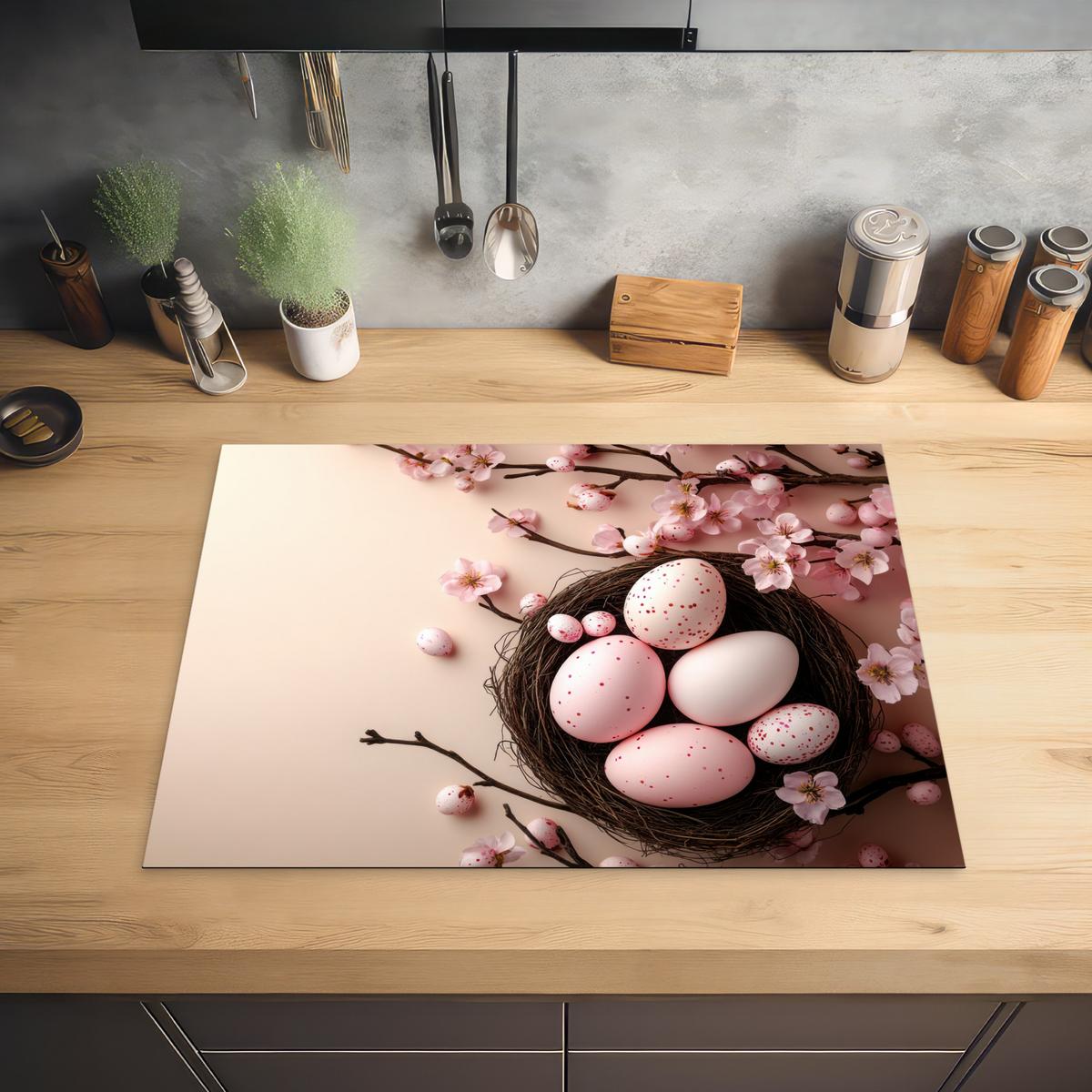 HERDABDECKPLATTE Rosa - Blüten - Eier Induktionsmatte 71x52 cm - Hellrosa, Kunststoff (71/52/0.2cm) - MuchoWow