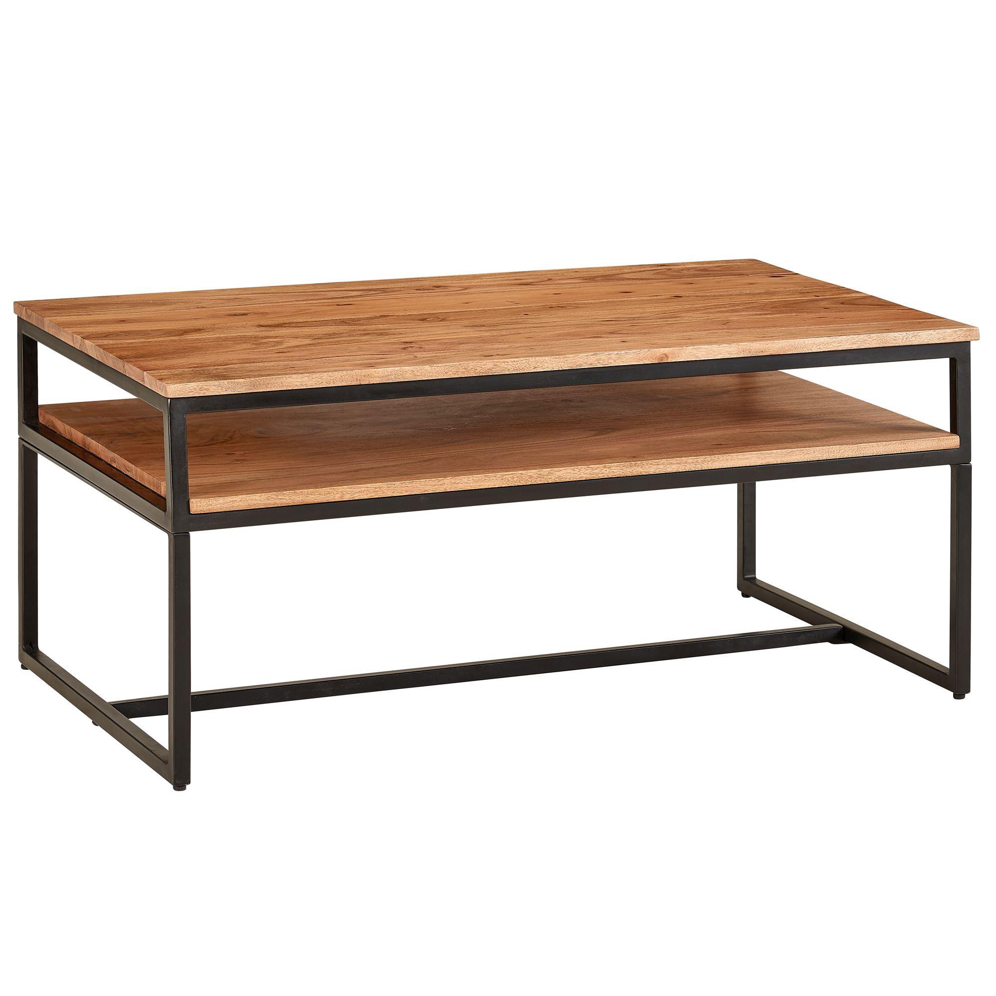 COUCHTISCH Industrial Vintage, Akazienholz und Eisen, 2 Ablagen, Belastbarkeit 15 kg - Beige/Schwarz, Holz/Metall (60/100/45cm) - KADIMA DESIGN