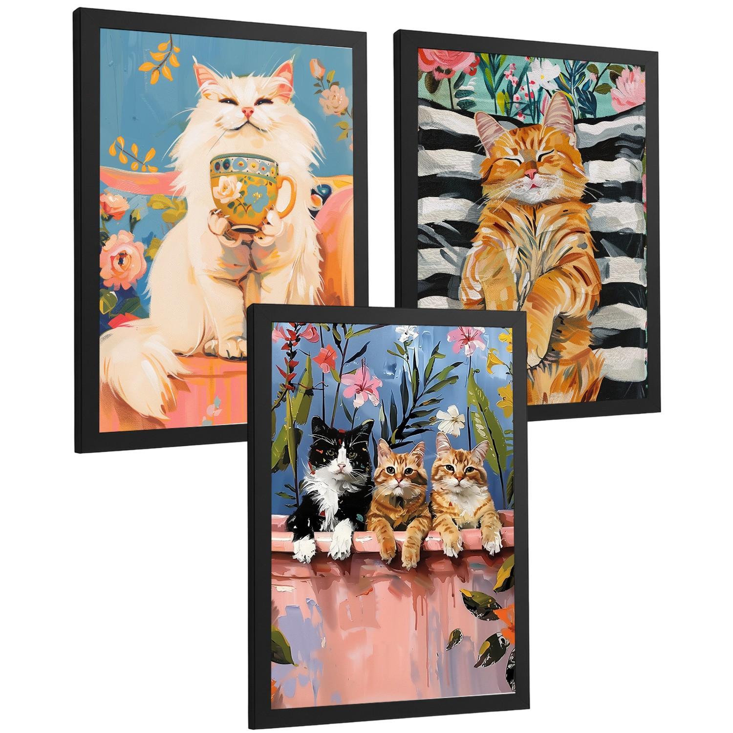 POSTER 3er Kunstdruck-Set Wandbilder Katzen modern Wohnzimmer Deko, Schlafzimmer, Küche, Badezimmer Schwarzer Rahmen A3 - Schwarz, Papier (29.7/1/42cm) - Nacnic
