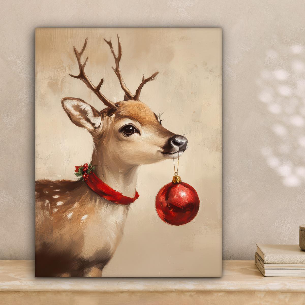 LEINWANDBILD Weihnachten - Hirsch - Geweih - Weihnachtskugel - Rentier Room Decor 30x40 cm - Hellbraun, Textil (30/40cm) - MuchoWow