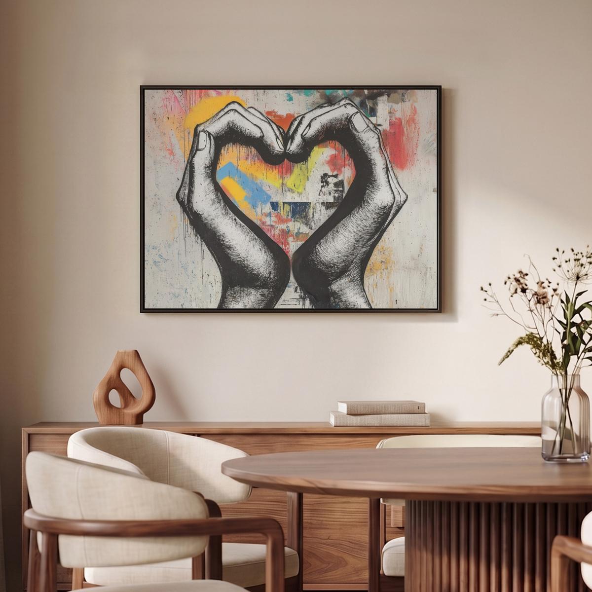 LEINWAND Bilder mit Rahmen - Hände - Herz - Straßenkunst - Graffiti - 70x50 - Multicolor, Textil (70/50cm) - MuchoWow