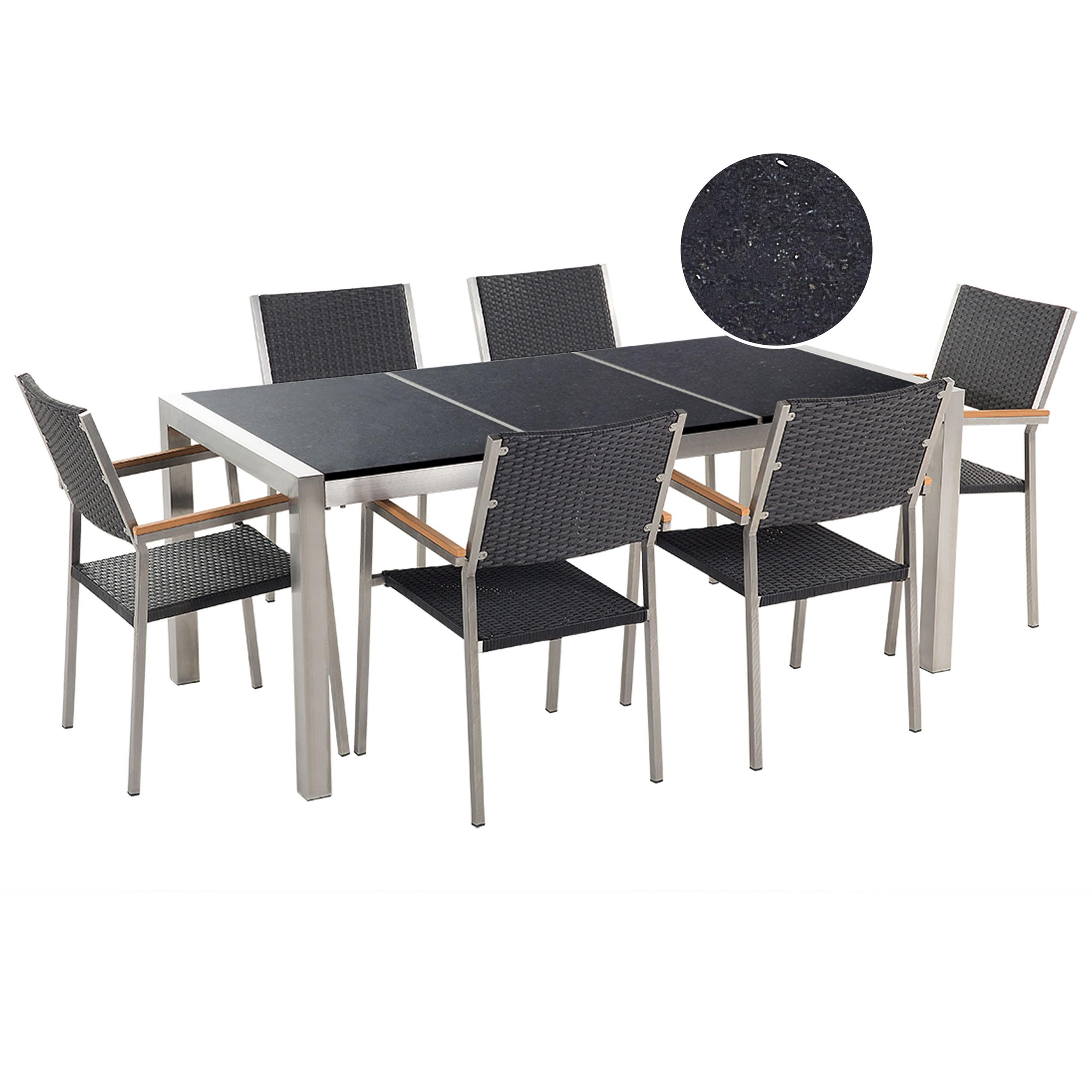 GARTENMÖBEL SET 6-Sitzer Naturstein Schwarz poliert Rattan Grosseto - Silberfarben/Schwarz, Metall - Beliani