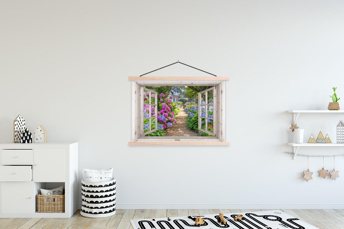 POSTER MIT MAGNETLEISTEN Hortensie - Durchsichtig - Blumen - Sommer - Lila - Weg Magnetleiste 120x80 cm - Lila, Textil (120/80/0.15cm) - MuchoWow