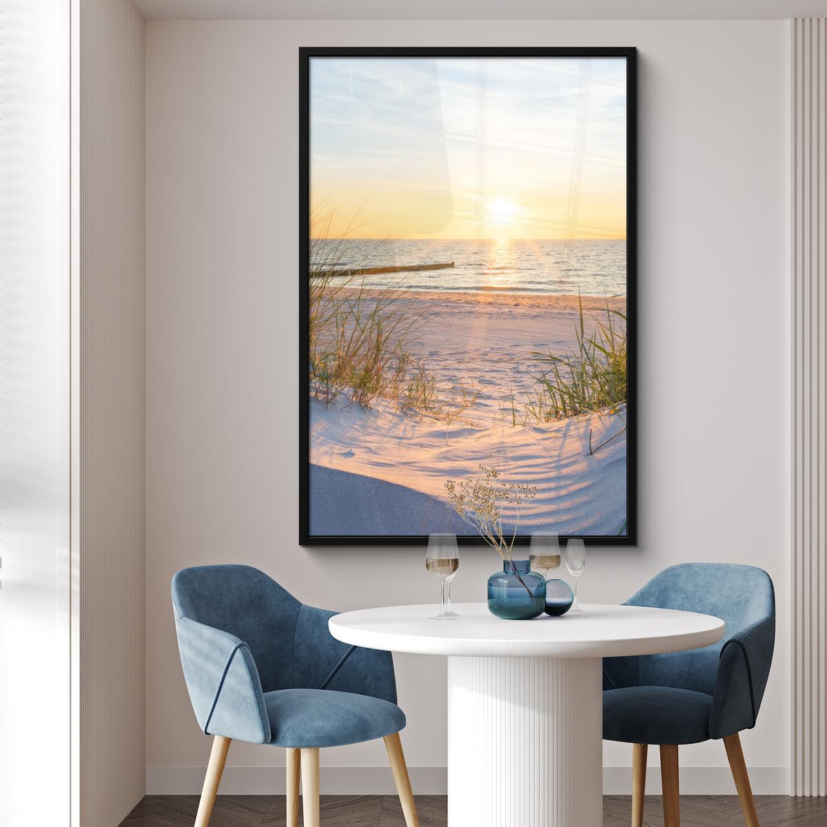 POSTER MIT RAHMEN Strand - Sonne - Düne - Gras - Sand - Horizont Bilderleiste 80x120 cm - Hellblau, Papier (80/120cm) - MuchoWow