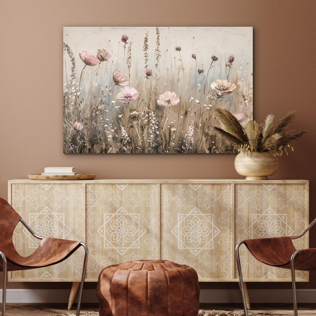 METALLBILD Blumen - Rosa - Modern - Beige Deko Groß 120x80 cm - Beige, Metall (120/80cm) - MuchoWow