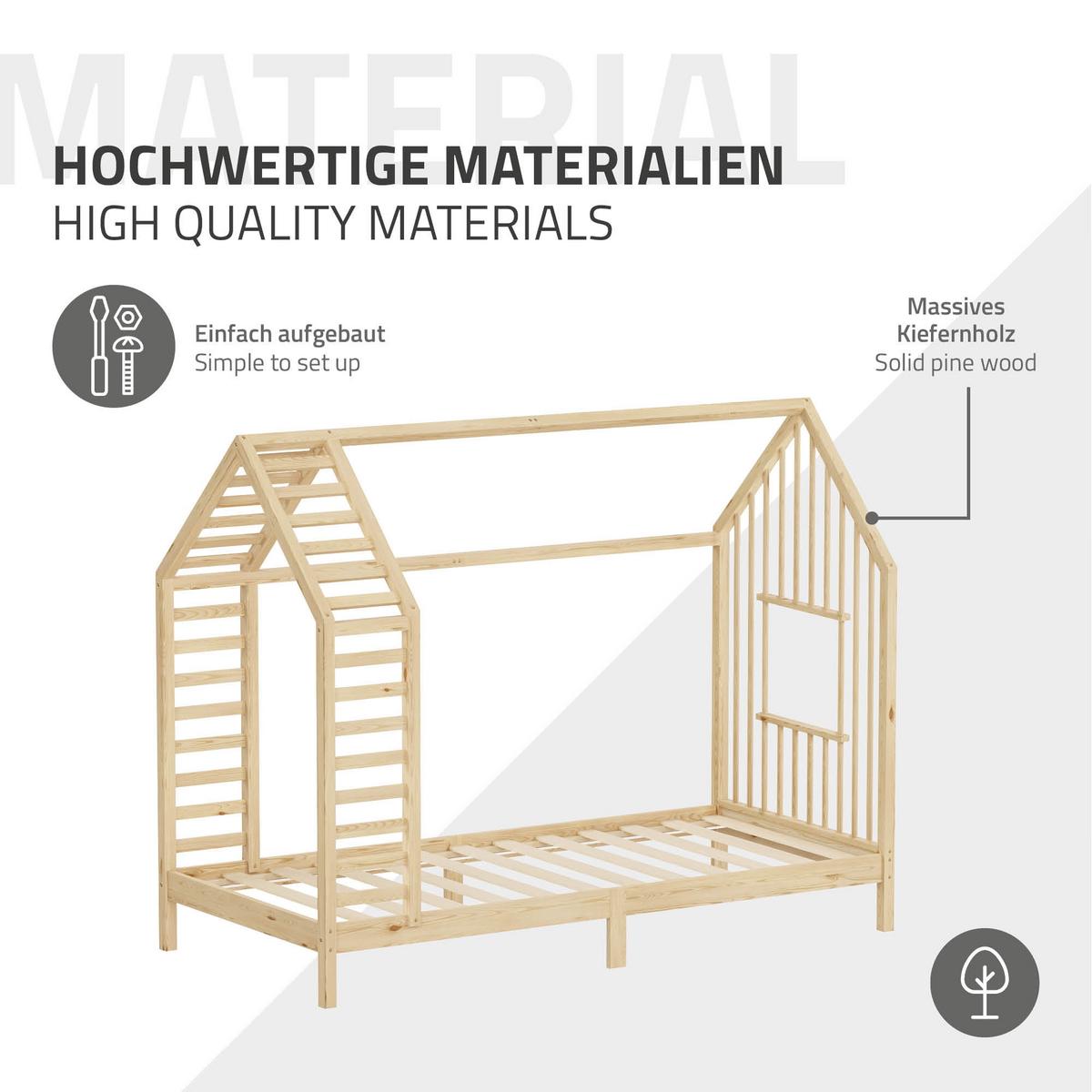 KINDERBETT 90x200 cm mit Lattenrost Dach und Fenster Hausbett aus massivem Kiefernholz Natur - Naturfarben, Holz (90/200cm) - ML-DESIGN