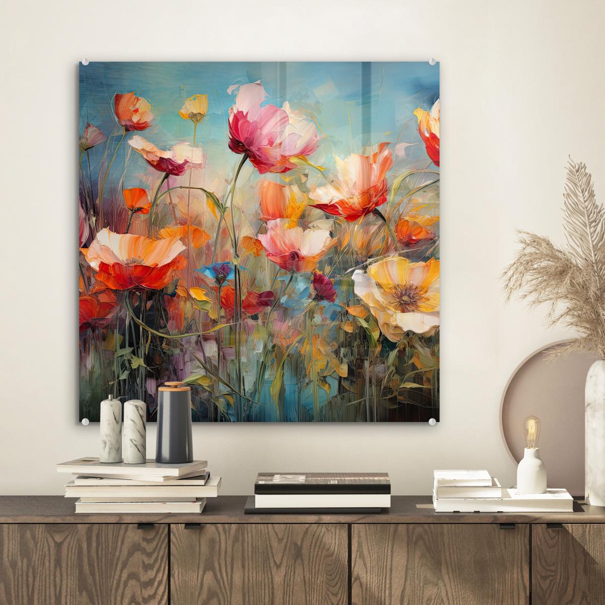 ACRYLGLASBILD Blumen - Aquarell - Kunst - Botanisch - Natur 50x50 cm - Orange, Glas (50/50cm) - MuchoWow