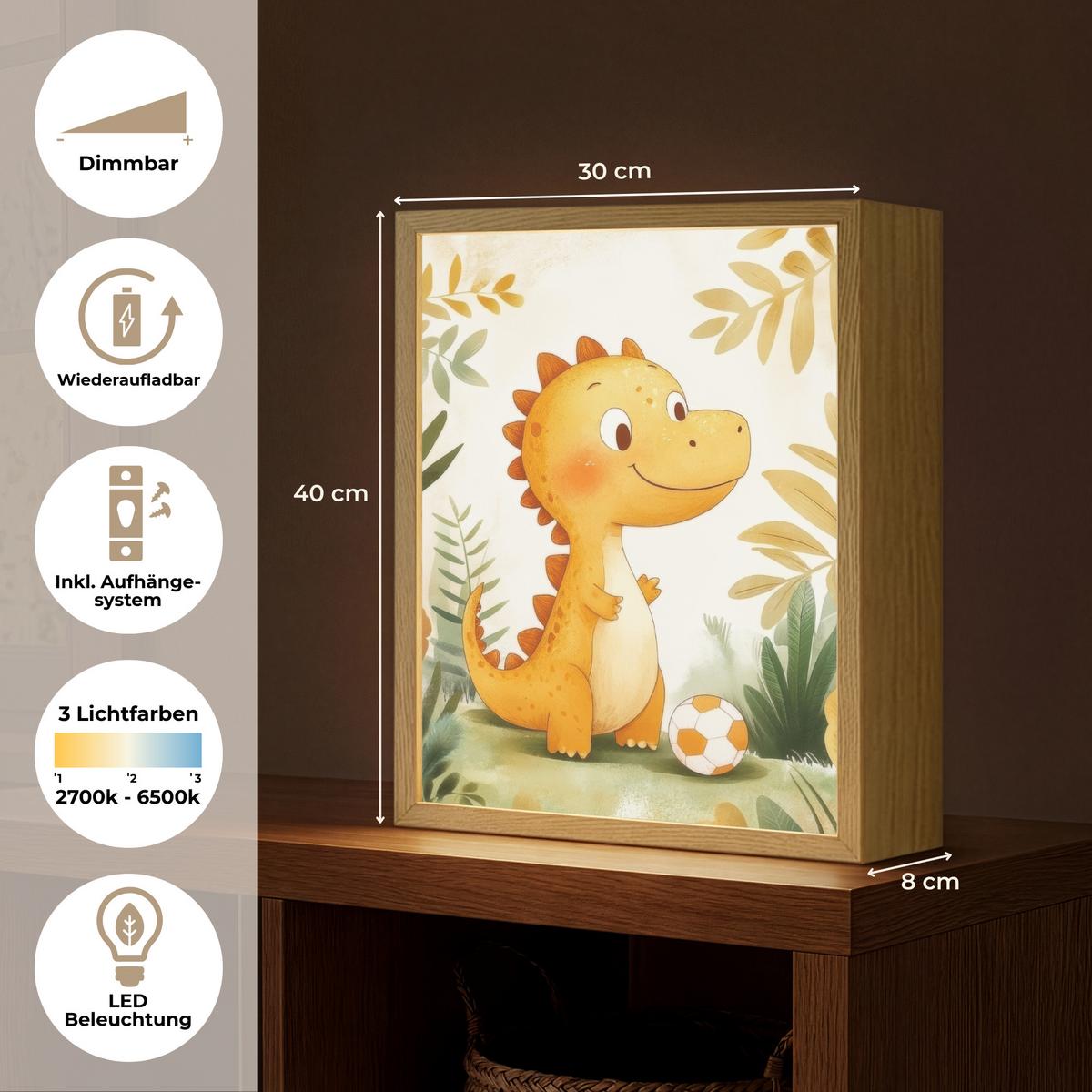 WANDLEUCHTE MIT AKKU Dino - Fußball - Orange 30x40 cm - Beige, Holzwerkstoff (30/40/8cm) - OnlyWow
