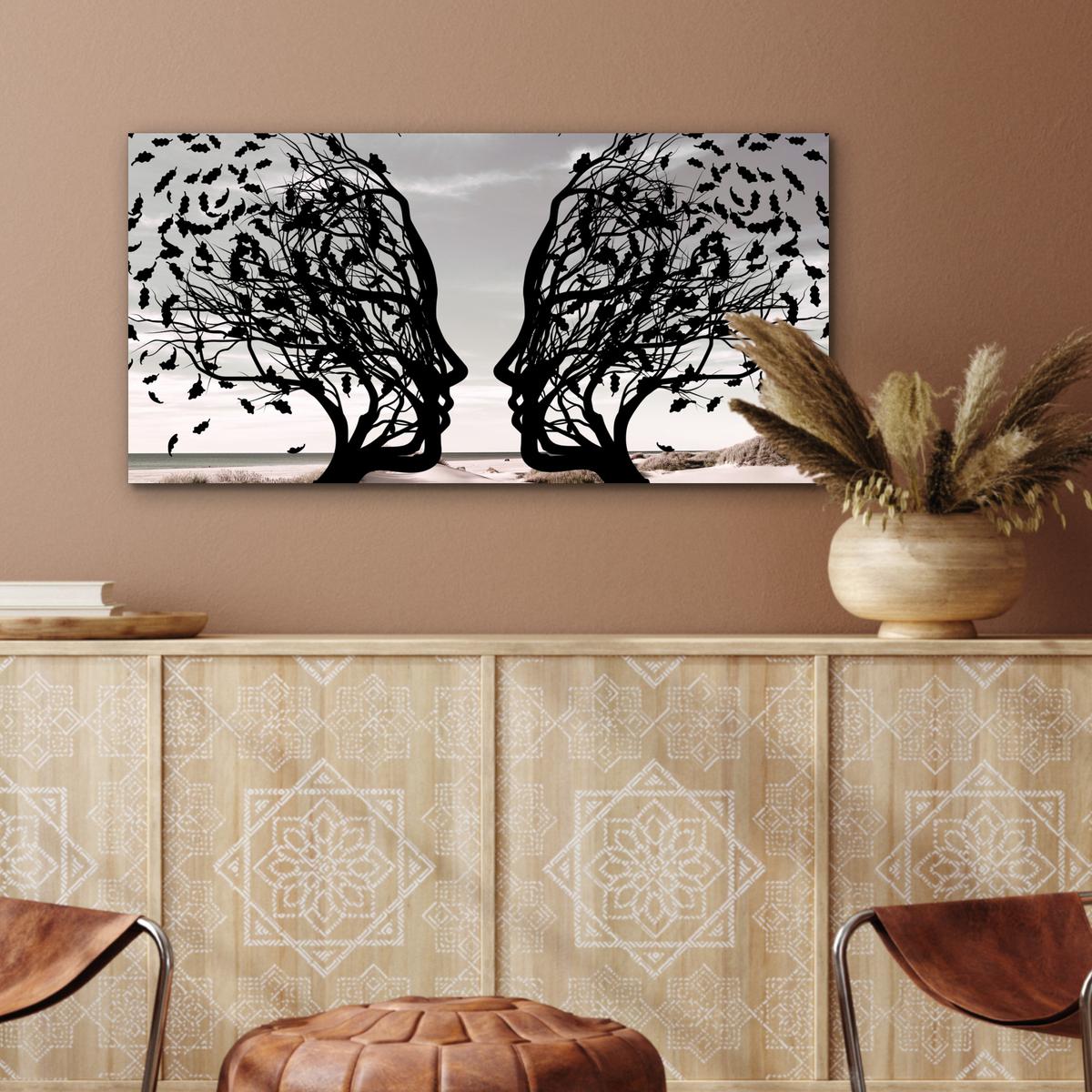 METALLBILD Strand - Meer - Menschen - Baum - Moderne Kunst 80x40 cm - Hellgrau, Metall (80/40cm) - MuchoWow