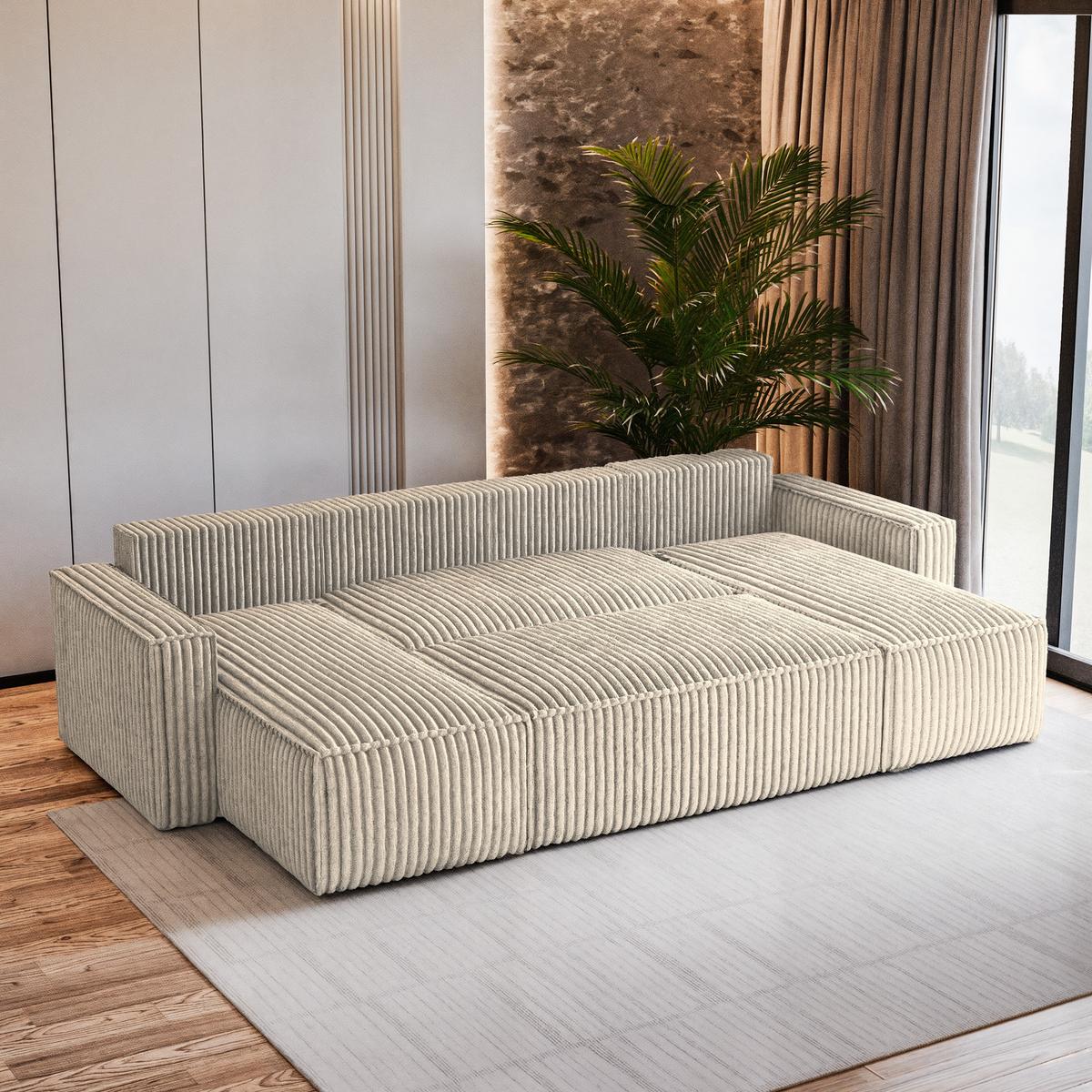 WOHNLANDSCHAFT PESANO T Creme Kordstoff mit Schlaffunktion - Creme/Grau, Holz/Kunststoff (306/85/140cm) - MASSENO