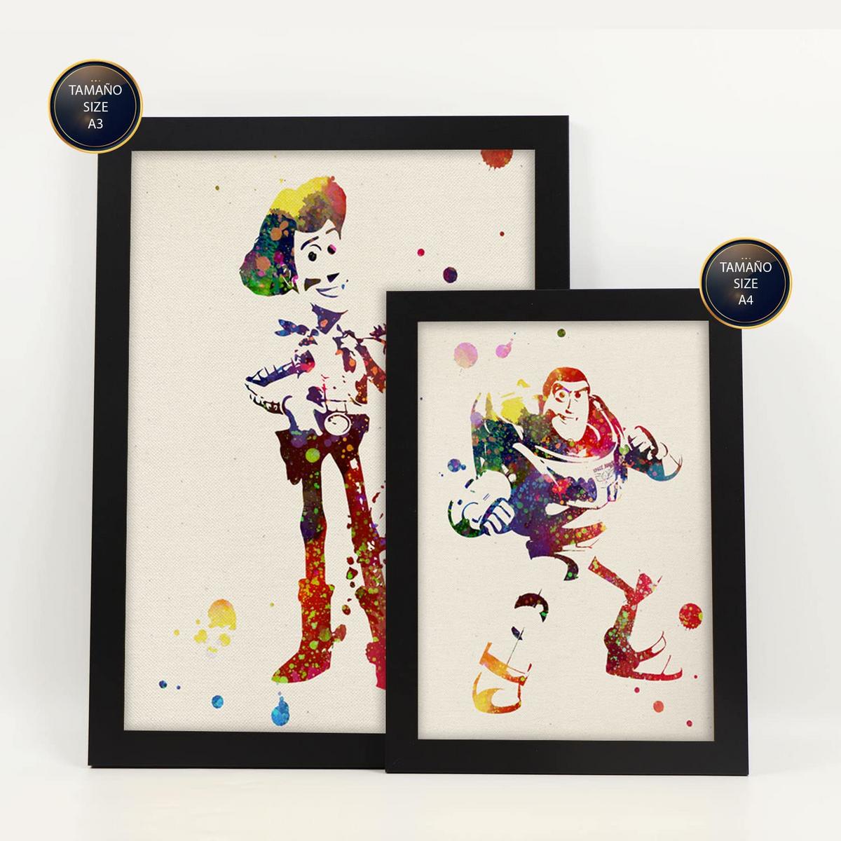 POSTER Set Mit 6 Toy Story Illustrationen Im Aquarell Stil Von Klassischen Kindermärchen, Filmen Und Büchern Innenarchitektur A3 & A4 Schwarzer Rahmen - Schwarz, Papier (29/3cm) - Nacnic