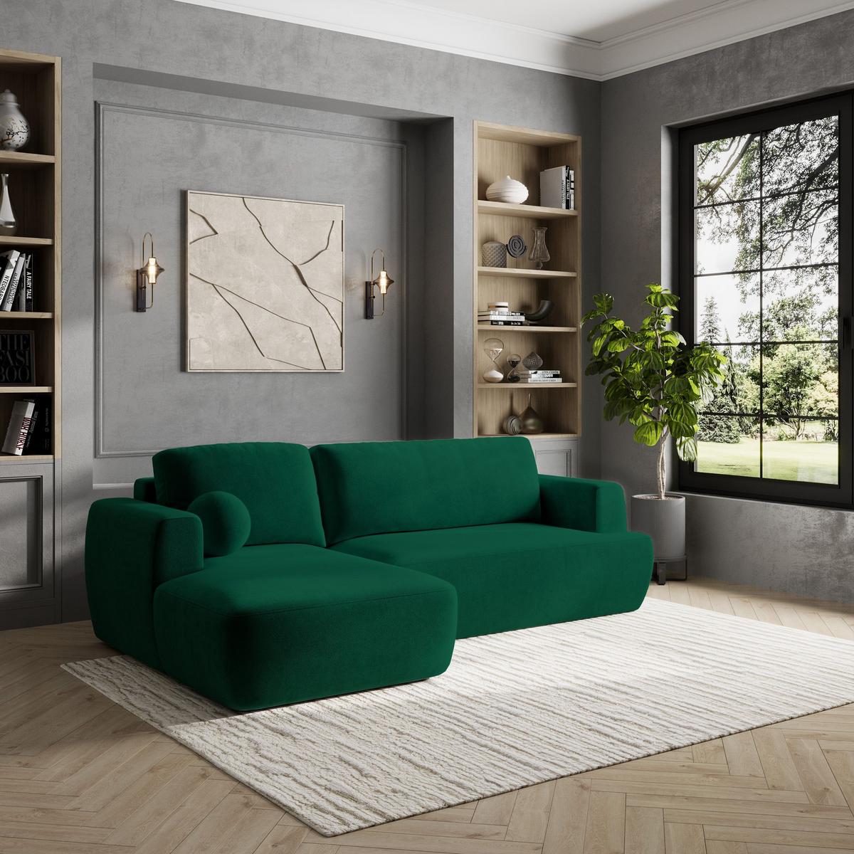ECKSOFA SENTI K L-S Grün Plüsch-Stoff mit Schlaffunktion - Schwarz/Grün, Holz/Kunststoff (246/148cm) - MASSENO