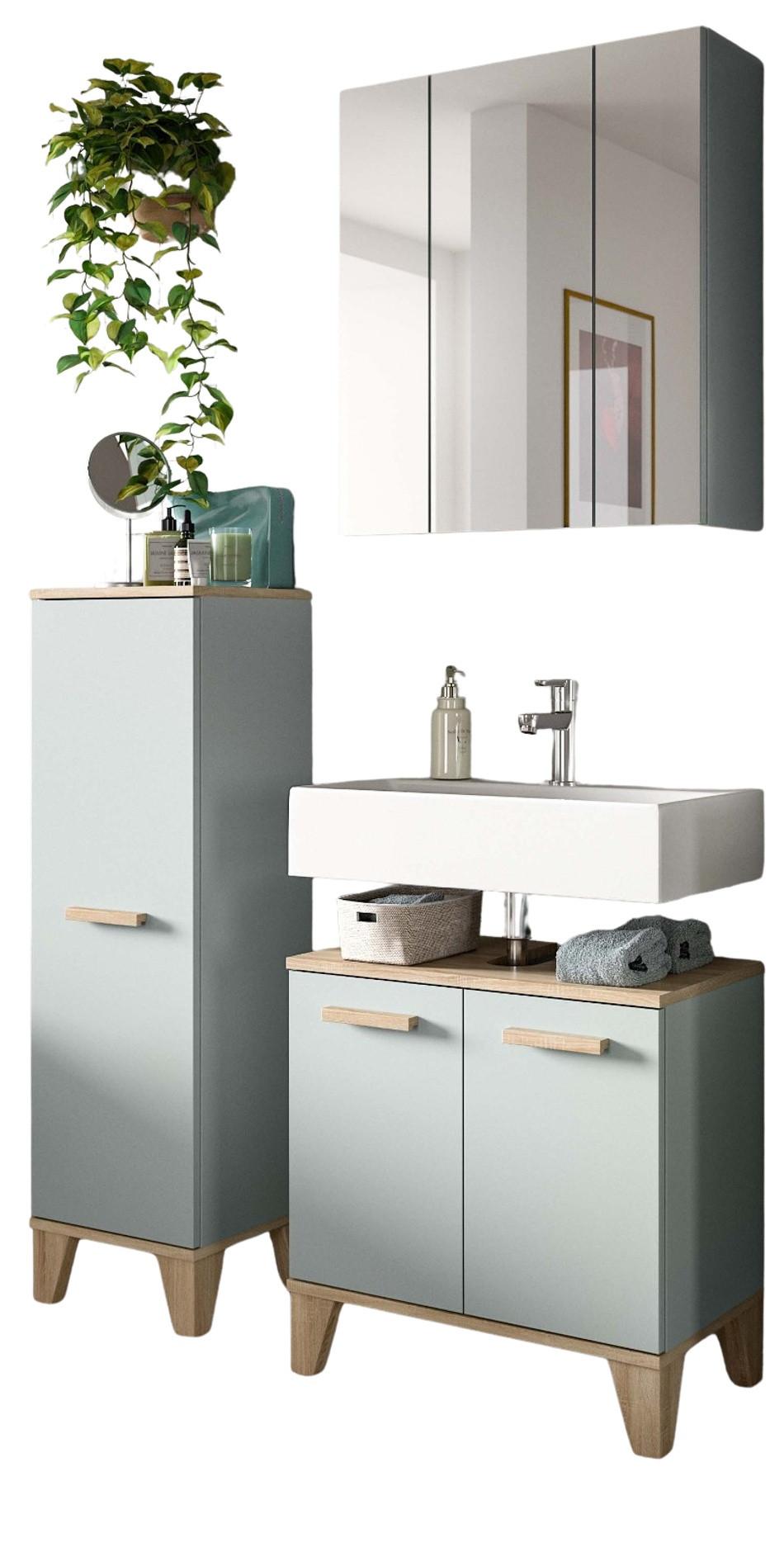 BADMÖBEL-SET 3-teilig grün, Eiche, Badkombination skandinavisch 109 x 190 cm - Eichefarben/Grün, Glas/Holzwerkstoff (109/190/34cm) - Inn.Furn