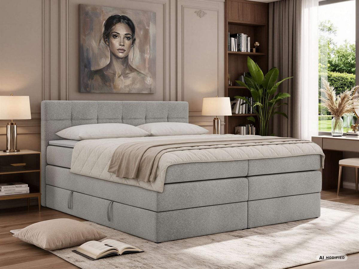 BOXSPRINGBETT SOLVEN KING 140/200 - Hellgrau Stukture - Topper Visco - H4 - Hellgrau/Schwarz, Kunststoff/Textil (140/200cm) - MKS